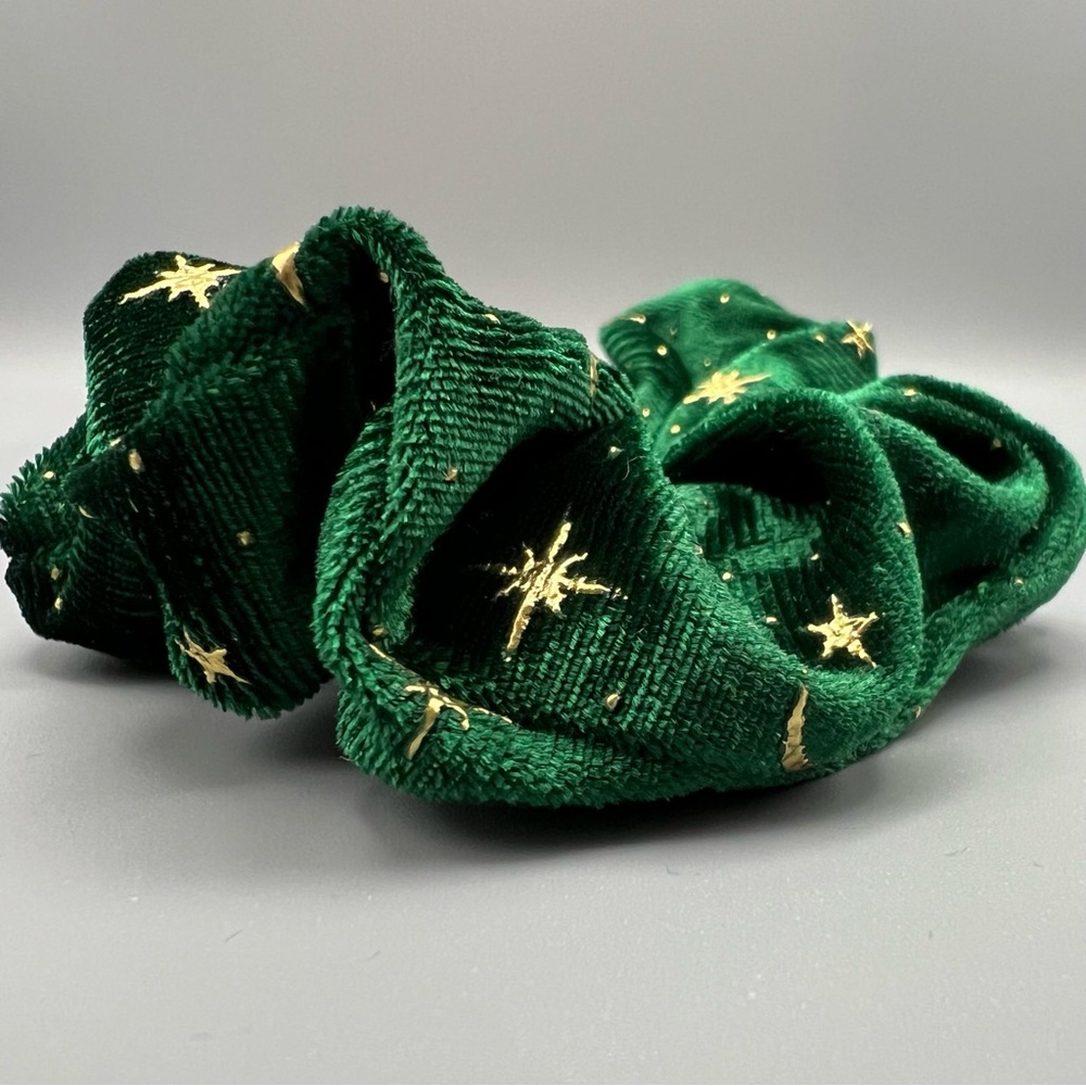 Holiday Scrunchie, Green Velvet with Gold Stars - Picture 2 of 3